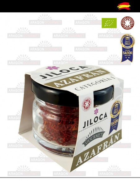 Organic Teruel saffron in small jar chopped right side