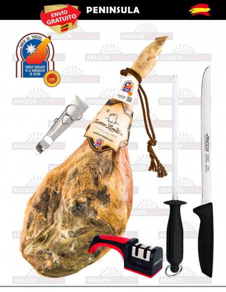 jambon avec aiguiseur, pince à épiler et couteau