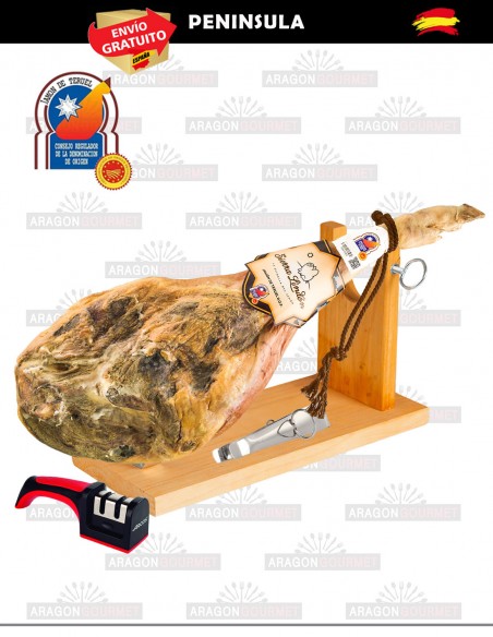 jamón con jamonero, afilador y pinza