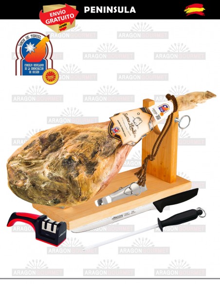 jambon avec support à jambon, aiguiseur, couteau et pinces