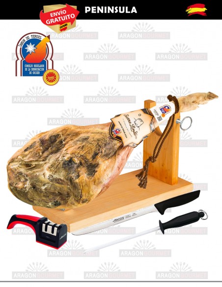 jamón con jamonero, afilador y cuchillo