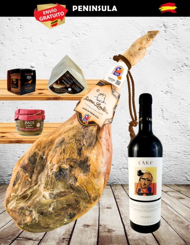 Lote con jamón, queso, pate y vino