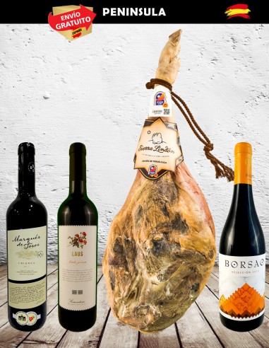 lote jamón con vino marques de tosos, laus y borsao seleccion